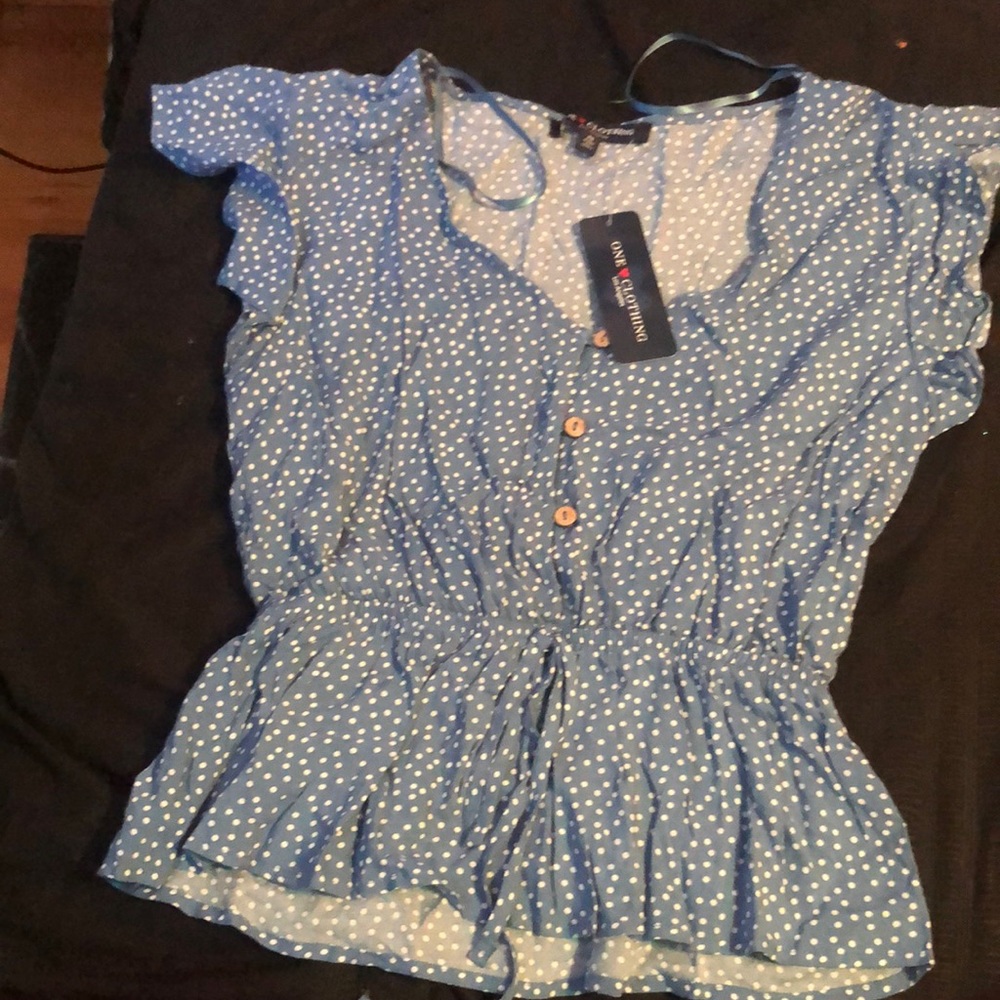 Polka dot blue and white short sleeve blouse